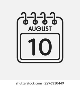 Minimal icon page calendar - 10 August. Vector illustration day of the month. 10th day of month Sunday, Monday, Tuesday, Wednesday, Thursday, Friday, Saturday. Template for anniversary, reminder, plan