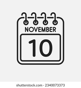 Minimal icon page calendar - 10 November. Vector illustration day of month. 10th day of month Sunday, Monday, Tuesday, Wednesday, Thursday, Friday, Saturday. Template for anniversary, reminder, plan