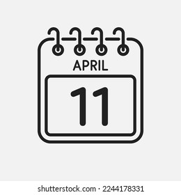 Minimal icon page calendar - 11 April. Vector illustration day of the month. 11th day of month Sunday, Monday, Tuesday, Wednesday, Thursday, Friday, Saturday. Template for anniversary, reminder, plan