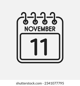 Minimal icon page calendar - 11 November. Vector illustration day of month. 11th day of month Sunday, Monday, Tuesday, Wednesday, Thursday, Friday, Saturday. Template for anniversary, reminder, plan