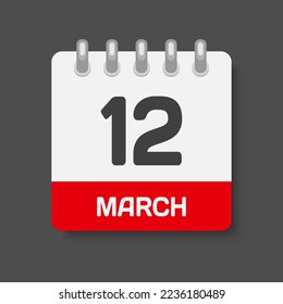 Minimal icon page calendar - 12 March. Vector illustration day of the month. 12th day of month Sunday, Monday, Tuesday, Wednesday, Thursday, Friday, Saturday. Template for anniversary, reminder, plan