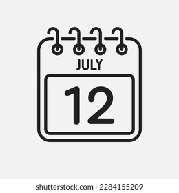 Minimal icon page calendar - 12 July. Vector illustration day of the month. 12th day of month Sunday, Monday, Tuesday, Wednesday, Thursday, Friday, Saturday. Template for anniversary, reminder, plan