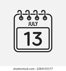 Minimal icon page calendar - 13 July. Vector illustration day of the month. 13th day of month Sunday, Monday, Tuesday, Wednesday, Thursday, Friday, Saturday. Template for anniversary, reminder, plan