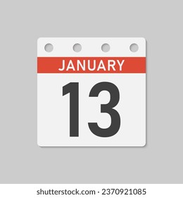 Minimal icon page calendar - 13 January. Vector illustration day of month. 13th day of month Sunday, Monday, Tuesday, Wednesday, Thursday, Friday, Saturday. Template for anniversary, reminder, plan