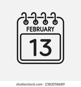 Minimal icon page calendar - 13 February. Vector illustration day of month. 13th day of month Sunday, Monday, Tuesday, Wednesday, Thursday, Friday, Saturday. Template for anniversary, reminder, plan