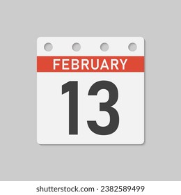 Minimale Icon-Seite Kalender - 13. Februar. Vektorgrafik Tag des Monats. 13. Tag des Monats Sonntag, Montag, Dienstag, Mittwoch, Donnerstag, Freitag, Samstag. Vorlage für Jubiläum, Erinnerung, Plan