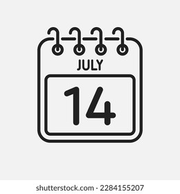 Minimal icon page calendar - 14 July. Vector illustration day of the month. 14th day of month Sunday, Monday, Tuesday, Wednesday, Thursday, Friday, Saturday. Template for anniversary, reminder, plan