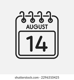 Minimal icon page calendar - 14 August. Vector illustration day of the month. 14th day of month Sunday, Monday, Tuesday, Wednesday, Thursday, Friday, Saturday. Template for anniversary, reminder, plan