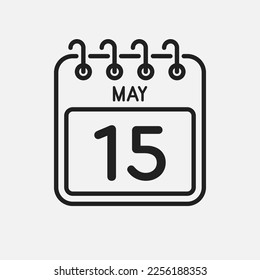 Minimal icon page calendar - 15 May. Vector illustration day of the month. 15th day of month Sunday, Monday, Tuesday, Wednesday, Thursday, Friday, Saturday. Template for anniversary, reminder, plan