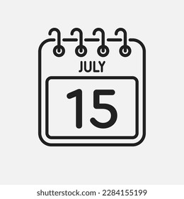 Minimal icon page calendar - 15 July. Vector illustration day of the month. 15th day of month Sunday, Monday, Tuesday, Wednesday, Thursday, Friday, Saturday. Template for anniversary, reminder, plan