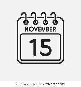 Minimal icon page calendar - 15 November. Vector illustration day of month. 15th day of month Sunday, Monday, Tuesday, Wednesday, Thursday, Friday, Saturday. Template for anniversary, reminder, plan