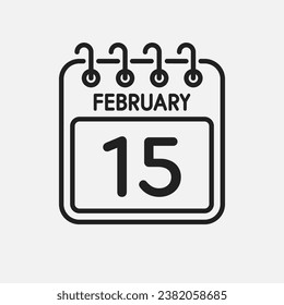 Minimal icon page calendar - 15 February. Vector illustration day of month. 15th day of month Sunday, Monday, Tuesday, Wednesday, Thursday, Friday, Saturday. Template for anniversary, reminder, plan