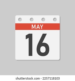Minimal icon page calendar - 16 May. Vector illustration day of the month. 16th day of month Sunday, Monday, Tuesday, Wednesday, Thursday, Friday, Saturday. Template for anniversary, reminder, plan