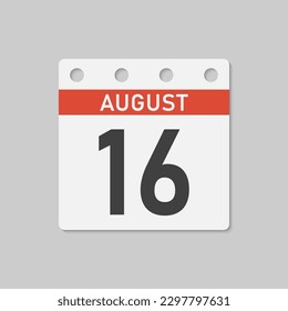 Minimal icon page calendar - 16 August. Vector illustration day of the month. 16th day of month Sunday, Monday, Tuesday, Wednesday, Thursday, Friday, Saturday. Template for anniversary, reminder, plan
