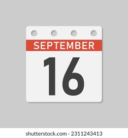 Minimal icon page calendar - 16 September. Vector illustration day of month. 16th day of month Sunday, Monday, Tuesday, Wednesday, Thursday, Friday, Saturday. Template for anniversary, reminder, plan
