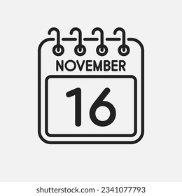 Minimal icon page calendar - 16 November. Vector illustration day of month. 16th day of month Sunday, Monday, Tuesday, Wednesday, Thursday, Friday, Saturday. Template for anniversary, reminder, plan