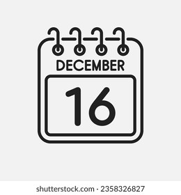 Minimal icon page calendar - 16 December. Vector illustration day of the month. 16th day of month Sunday, Monday, Tuesday, Wednesday, Thursday, Friday, Saturday. Template 
anniversary, reminder, plan