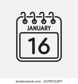 Minimal icon page calendar - 16 January. Vector illustration day of month. 16th day of month Sunday, Monday, Tuesday, Wednesday, Thursday, Friday, Saturday. Template for anniversary, reminder, plan