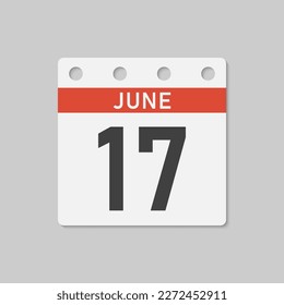 Minimal icon page calendar - 17 June. Vector illustration day of the month. 17th day of month Sunday, Monday, Tuesday, Wednesday, Thursday, Friday, Saturday. Template for anniversary, reminder, plan