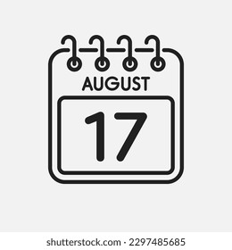Minimal icon page calendar - 17 August. Vector illustration day of the month. 17th day of month Sunday, Monday, Tuesday, Wednesday, Thursday, Friday, Saturday. Template for anniversary, reminder, plan