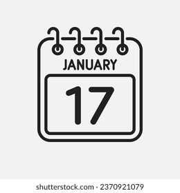 Minimal icon page calendar - 17 January. Vector illustration day of month. 17th day of month Sunday, Monday, Tuesday, Wednesday, Thursday, Friday, Saturday. Template for anniversary, reminder, plan