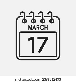 Minimal icon page calendar - 17 March. Vector illustration day of month. 17th day of month Sunday, Monday, Tuesday, Wednesday, Thursday, Friday, Saturday. Template for anniversary, reminder, plan