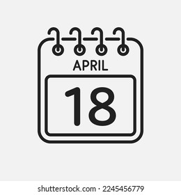 Minimal icon page calendar - 18 April. Vector illustration day of the month. 18th day of month Sunday, Monday, Tuesday, Wednesday, Thursday, Friday, Saturday. Template for anniversary, reminder, plan