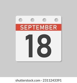 Minimal icon page calendar - 18 September. Vector illustration day of month. 18th day of month Sunday, Monday, Tuesday, Wednesday, Thursday, Friday, Saturday. Template for anniversary, reminder, plan
