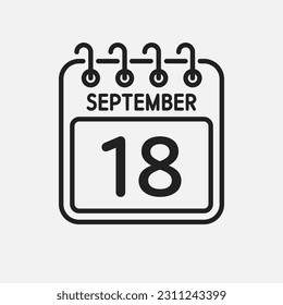 Minimal icon page calendar - 18 September. Vector illustration day of month. 18th day of month Sunday, Monday, Tuesday, Wednesday, Thursday, Friday, Saturday. Template for anniversary, reminder, plan