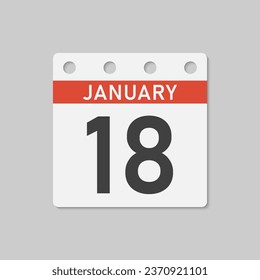 Minimal icon page calendar - 18 January. Vector illustration day of month. 18th day of month Sunday, Monday, Tuesday, Wednesday, Thursday, Friday, Saturday. Template for anniversary, reminder, plan