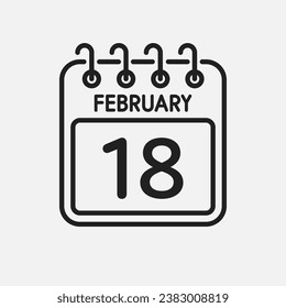 Minimal icon page calendar - 18 February. Vector illustration day of month. 18th day of month Sunday, Monday, Tuesday, Wednesday, Thursday, Friday, Saturday. Template for anniversary, reminder, plan
