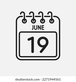 Minimal icon page calendar - 19 June. Vector illustration day of the month. 19th day of month Sunday, Monday, Tuesday, Wednesday, Thursday, Friday, Saturday. Template for anniversary, reminder, plan