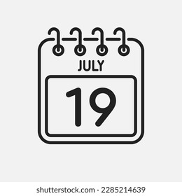 Minimal icon page calendar - 19 July. Vector illustration day of the month. 19th day of month Sunday, Monday, Tuesday, Wednesday, Thursday, Friday, Saturday. Template for anniversary, reminder, plan