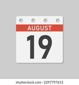 Minimal icon page calendar - 19 August. Vector illustration day of the month. 19th day of month Sunday, Monday, Tuesday, Wednesday, Thursday, Friday, Saturday. Template for anniversary, reminder, plan