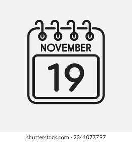 Minimal icon page calendar - 19 November. Vector illustration day of month. 19th day of month Sunday, Monday, Tuesday, Wednesday, Thursday, Friday, Saturday. Template for anniversary, reminder, plan