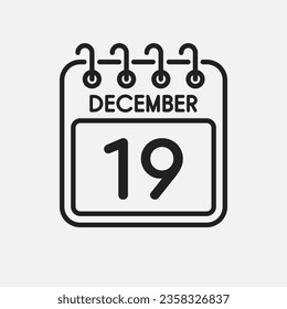 Minimal icon page calendar - 19 December. Vector illustration day of the month. 19th day of month Sunday, Monday, Tuesday, Wednesday, Thursday, Friday, Saturday. Template anniversary, reminder, plan