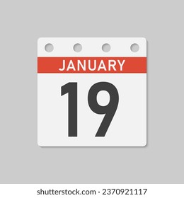 Minimal icon page calendar - 19 January. Vector illustration day of month. 19th day of month Sunday, Monday, Tuesday, Wednesday, Thursday, Friday, Saturday. Template for anniversary, reminder, plan