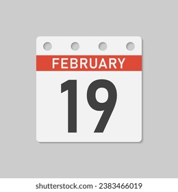 Minimal icon page calendar - 19 February. Vector illustration day of month. 19th day of month Sunday, Monday, Tuesday, Wednesday, Thursday, Friday, Saturday. Template for anniversary, reminder, plan