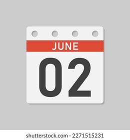 Minimal icon page calendar - 2 June. Vector illustration day of the month. 2th day of month Sunday, Monday, Tuesday, Wednesday, Thursday, Friday, Saturday. Template for anniversary, reminder, plan