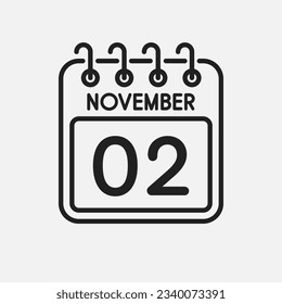 Minimal icon page calendar - 2 November. Vector illustration day of month. 2th day of month Sunday, Monday, Tuesday, Wednesday, Thursday, Friday, Saturday. Template for anniversary, reminder, plan
