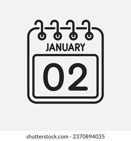 Minimal icon page calendar - 2 January. Vector illustration day of the month. 2nd day of month Sunday, Monday, Tuesday, Wednesday, Thursday, Friday, Saturday. Template for anniversary, reminder, plan