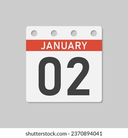 Minimal icon page calendar - 2 January. Vector illustration day of the month. 2nd day of month Sunday, Monday, Tuesday, Wednesday, Thursday, Friday, Saturday. Template for anniversary, reminder, plan