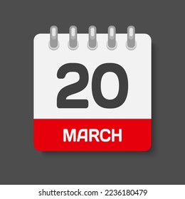 Minimal icon page calendar - 20 March. Vector illustration day of the month. 20th day of month Sunday, Monday, Tuesday, Wednesday, Thursday, Friday, Saturday. Template for anniversary, reminder, plan