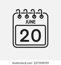 Minimal icon page calendar - 20 June. Vector illustration day of the month. 20th day of month Sunday, Monday, Tuesday, Wednesday, Thursday, Friday, Saturday. Template for anniversary, reminder, plan
