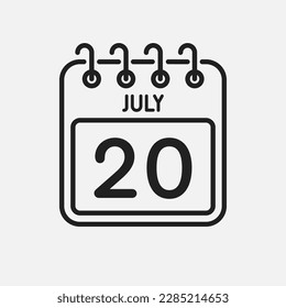 Minimal icon page calendar - 20 July. Vector illustration day of the month. 20th day of month Sunday, Monday, Tuesday, Wednesday, Thursday, Friday, Saturday. Template for anniversary, reminder, plan