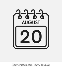 Minimal icon page calendar - 20 August. Vector illustration day of the month. 20th day of month Sunday, Monday, Tuesday, Wednesday, Thursday, Friday, Saturday. Template for anniversary, reminder, plan