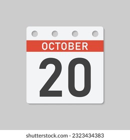 Minimal icon page calendar - 20 October. Vector illustration day of the month. 20th day of month Sunday, Monday, Tuesday, Wednesday, Thursday, Friday, Saturday. Template for anniversary, reminder plan