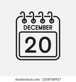 Minimal icon page calendar - 20 December. Vector illustration day of the month. 20th day of month Sunday, Monday, Tuesday, Wednesday, Thursday, Friday, Saturday. Template anniversary, reminder, plan