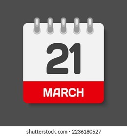Minimal icon page calendar - 21 March. Vector illustration day of the month. 21th day of month Sunday, Monday, Tuesday, Wednesday, Thursday, Friday, Saturday. Template for anniversary, reminder, plan
