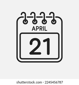 Minimal icon page calendar - 21 April. Vector illustration day of the month. 21th day of month Sunday, Monday, Tuesday, Wednesday, Thursday, Friday, Saturday. Template for anniversary, reminder, plan